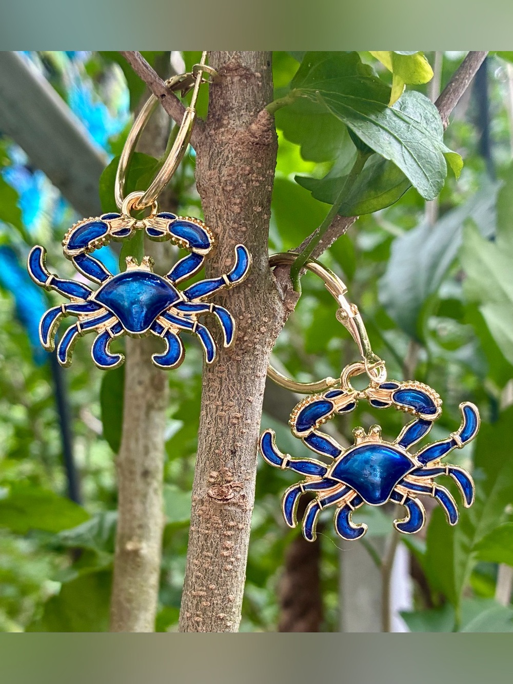 🦀 2 for 1 Blue Enamel Crab Hoop Earrings Gold-Tone